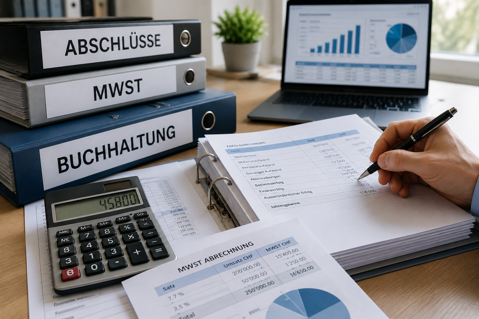 Schreibtisch mit Ordnern für Abschlüsse, MWST und Buchhaltung, Taschenrechner und Laptop mit Diagrammen