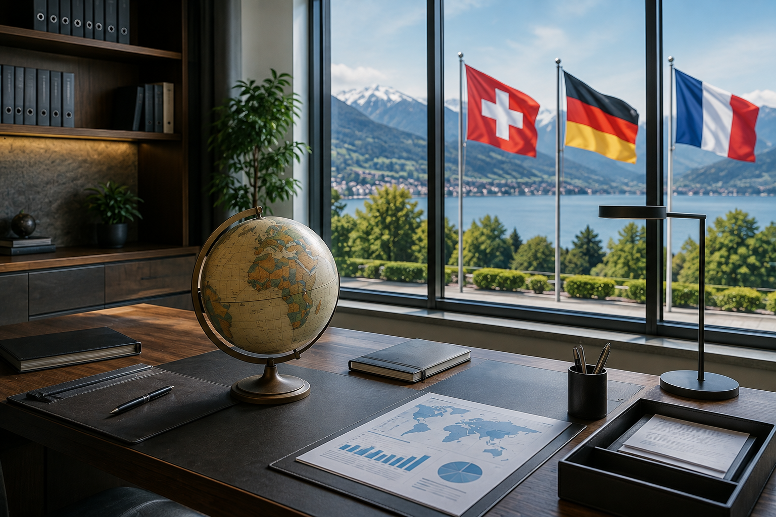 Schreibtisch mit Globus und Schweizer, deutscher und französischer Flagge