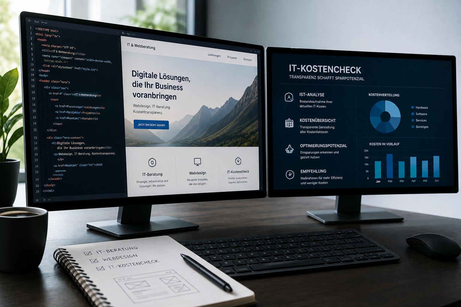 Zwei Bildschirme mit Webdesign-Mockup und IT-Kostencheck-Dashboard