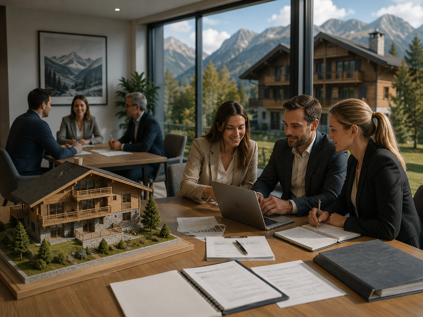 Beratungsgespräch mit Immobilienmodell eines Chalets in den Bergen